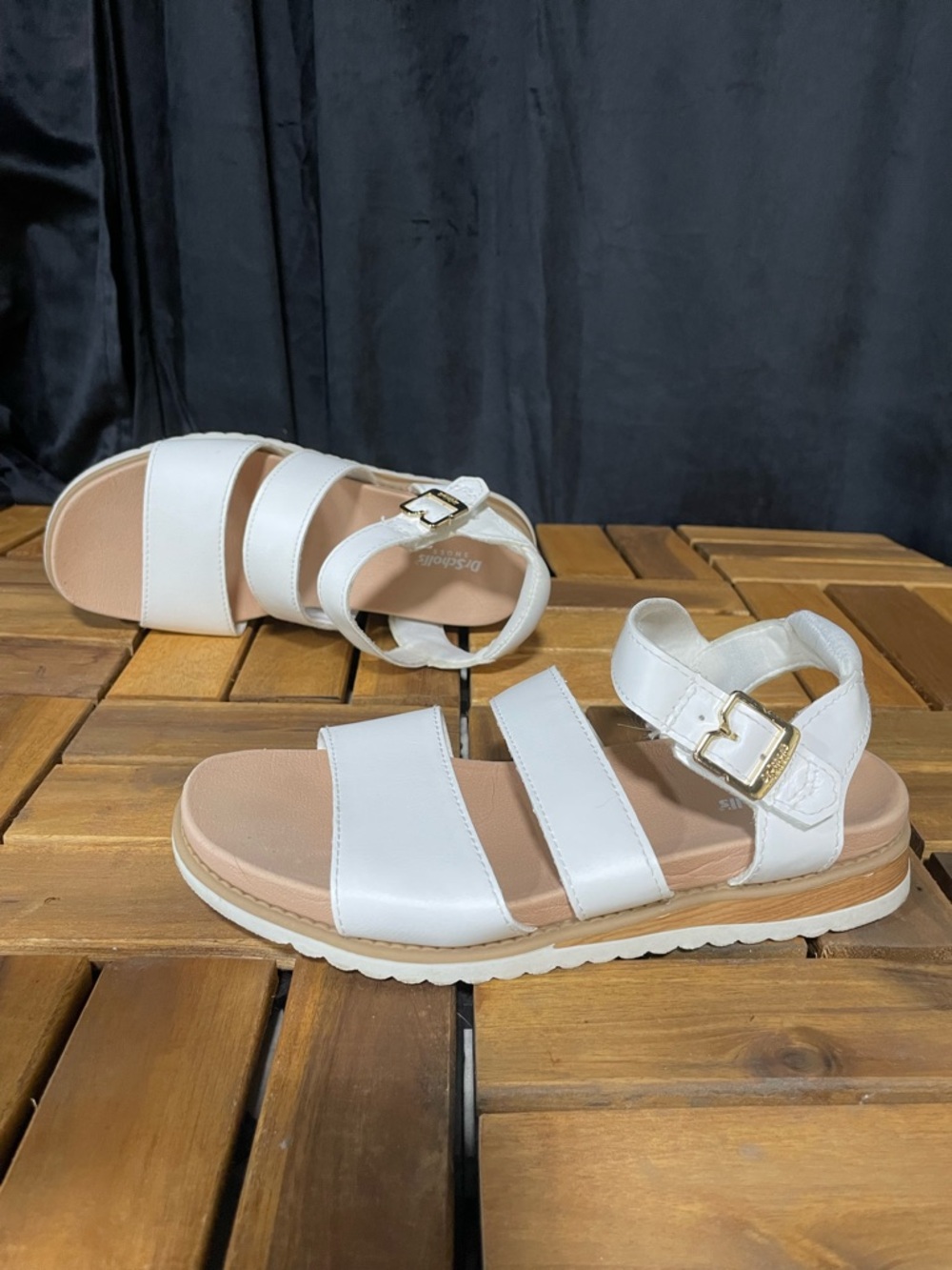 Dr. Scholl's White Triple-Strap Kids Sandals with Gold Buckle